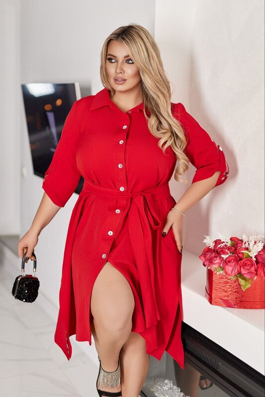 Платье-рубашка женское из костюмной ткани с поясом и стразами осеннее зимнее