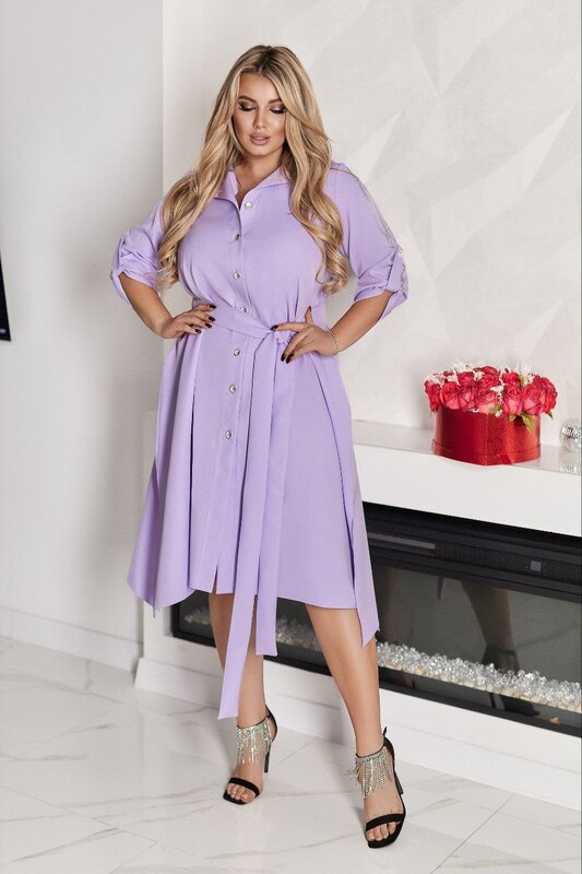 Платье-рубашка женское из костюмной ткани с поясом и стразами осеннее зимнее