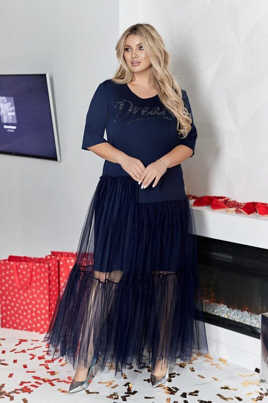 Платье женское итальянский трикотаж со стразами и многослойной фатиновой юбкой осеннее