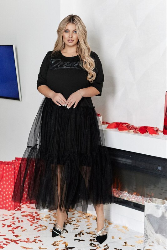 Платье женское итальянский трикотаж со стразами и многослойной фатиновой юбкой осеннее