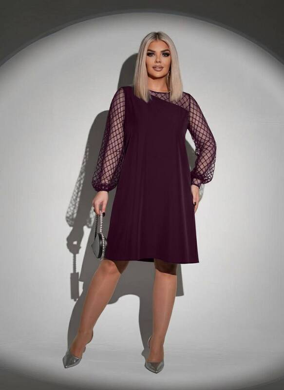 Платье-трапеция женское креп-дайвинг с сетчатыми рукавами и вставкой осеннее