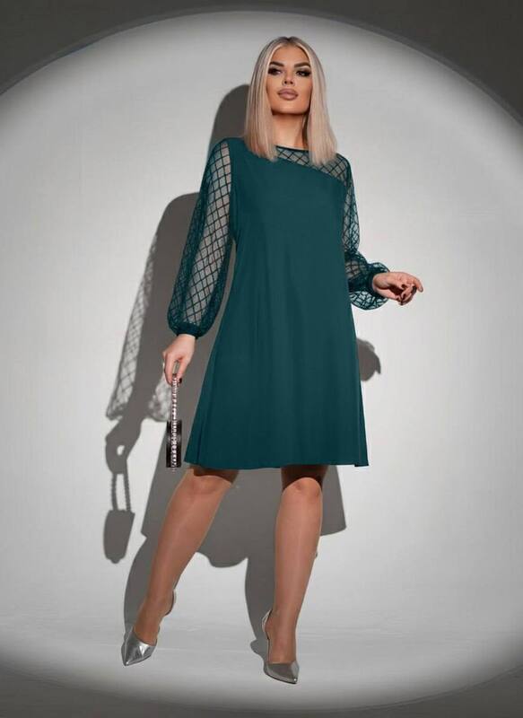 Платье-трапеция женское креп-дайвинг с сетчатыми рукавами и вставкой осеннее