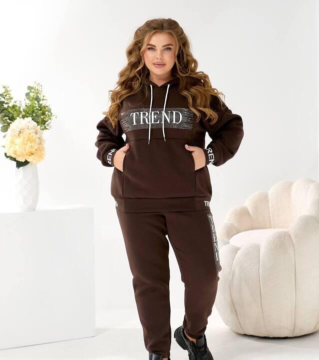 Спортивный костюм женский трехнитка на флисе утепленный худи оверсайз с блестящим принтом и джоггеры осенне-зимний