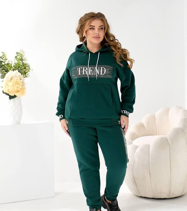 Спортивный костюм женский трехнитка на флисе утепленный худи оверсайз с блестящим принтом и джоггеры осенне-зимний
