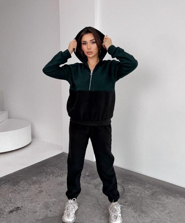 Спортивный костюм женский полар флис утепленный худи на молнии и брюки осенне-зимний