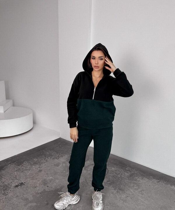 Спортивный костюм женский полар флис утепленный худи на молнии и брюки осенне-зимний