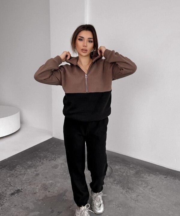 Спортивный костюм женский полар флис утепленный худи на молнии и брюки осенне-зимний