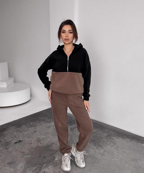 Спортивный костюм женский полар флис утепленный худи на молнии и брюки осенне-зимний