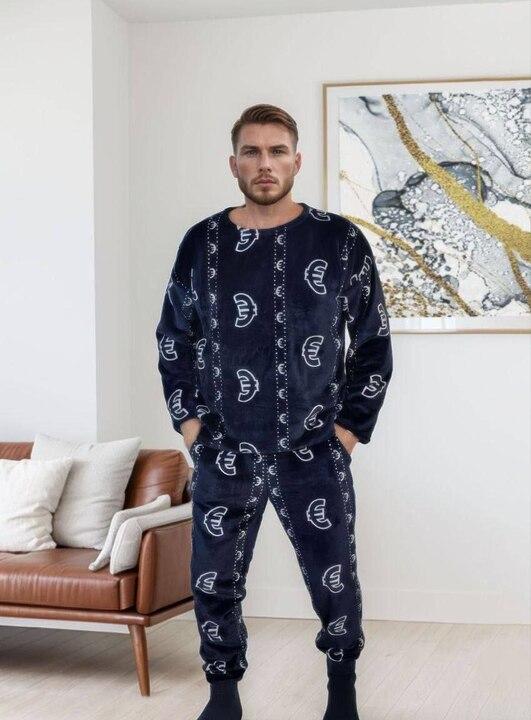 Пижама мужская утеплённая из мягкого двустороннего плюша (стриженный кролик) с манжетами осенняя зимняя