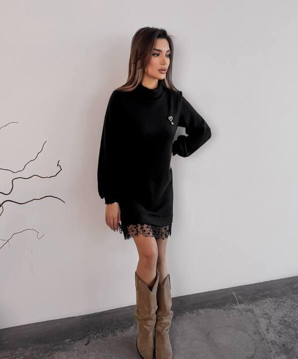 Сукня женская ангоровая трикотажная с фатиновой вставкой и длинным рукавом осенне-зимняя