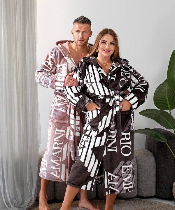 Халат унісекс осенне-зимний плюшевый с капюшоном и поясом домашний