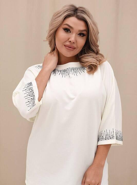 Блуза женская двунитка молочная с декоративным орнаментом осенняя зимняя