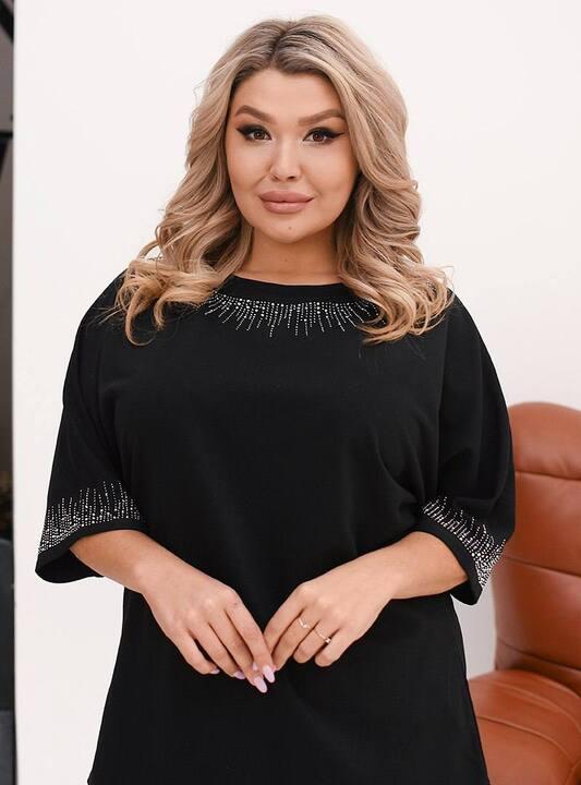 Блуза женская двунитка черная с декоративным орнаментом осенняя зимняя