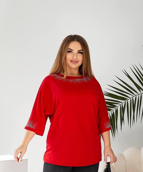 Блуза женская двунитка красная с декоративным орнаментом осенняя зимняя