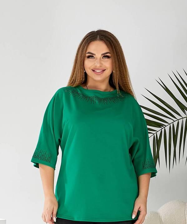 Блуза женская двунитка зелёная с декоративным орнаментом осенняя зимняя