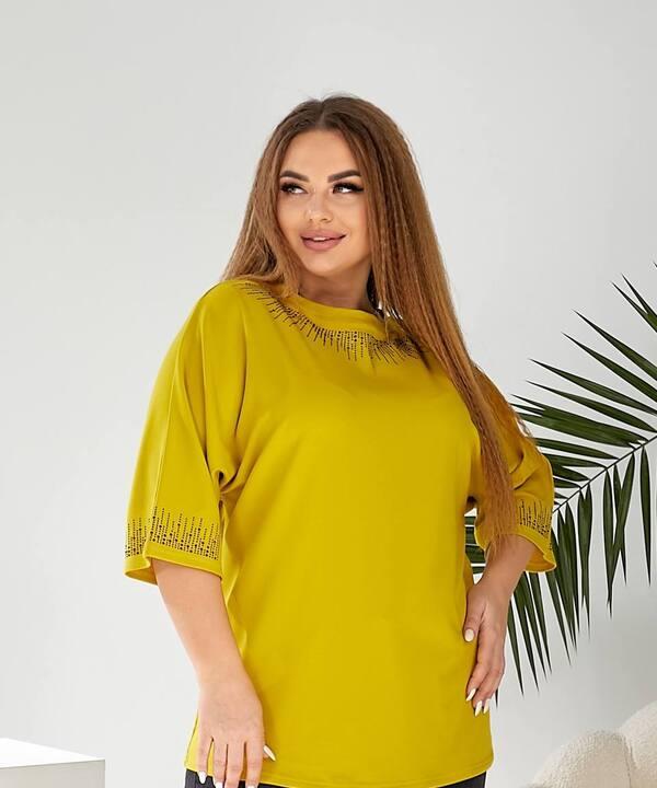 Блуза женская двунитка горчичная с геометричным декором осенняя зимняя