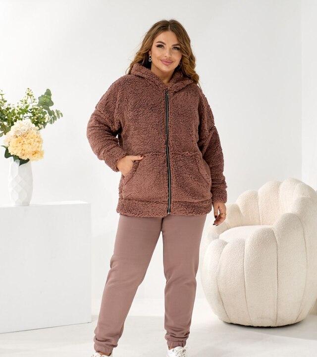 Костюм женский утеплённый капучино трикотажный с кофтой тедди осенний зимний