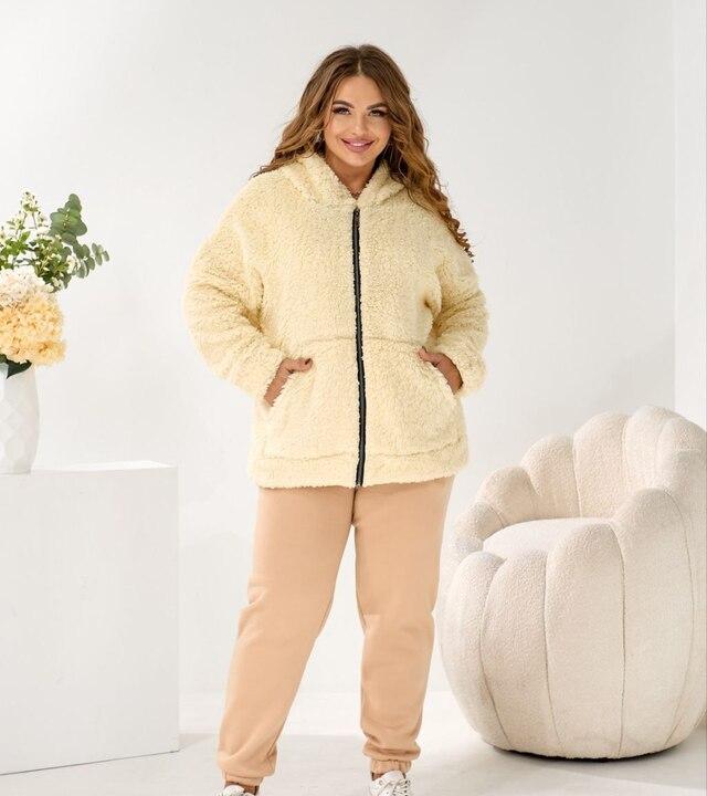 Костюм женский утеплённый бежевый трикотажный с кофтой тедди осенний зимний