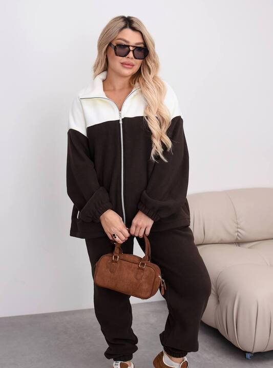 Спортивный костюм женский утепленный флис оверсайз с контрастной вставкой осенний зимний