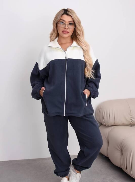 Спортивный костюм женский утепленный оверсайз флис с контрастной вставкой осенний зимний