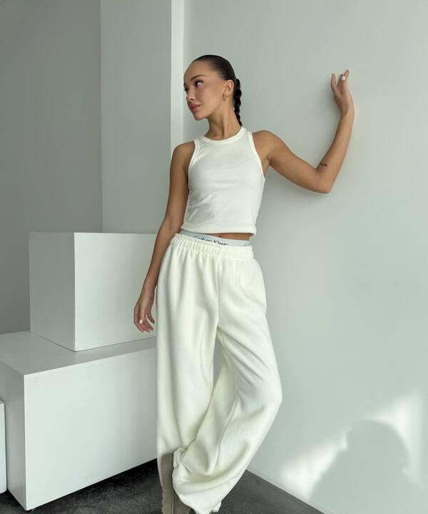 Штаны женские флис прямые свободного кроя с поясом на резинке осенние зимние