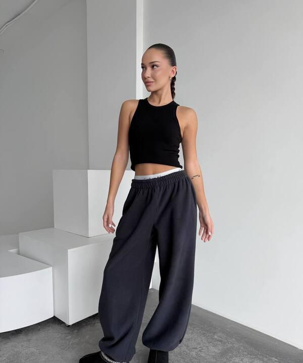 Штаны женские флис прямые свободного кроя с поясом на резинке осенние зимние