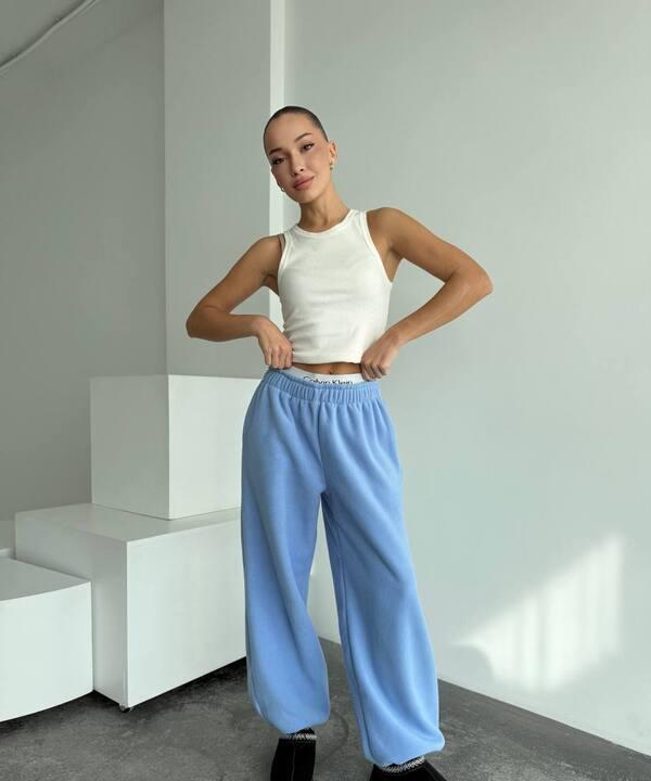 Штаны женские флис прямые свободного кроя с поясом на резинке осенние зимние