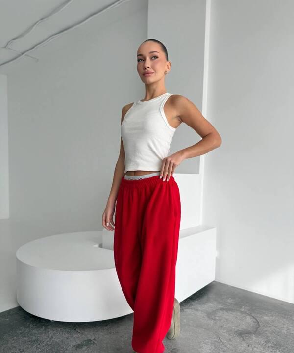 Штаны женские флис прямые свободного кроя с поясом на резинке осенние зимние