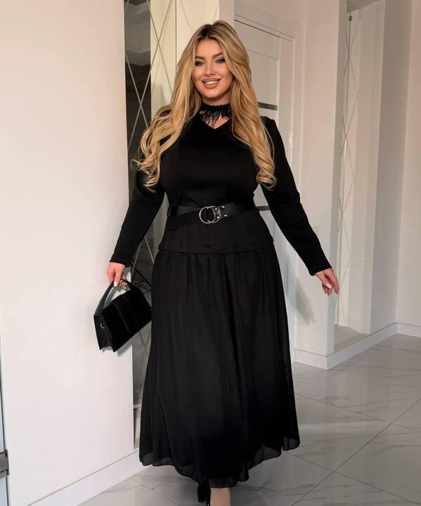 Платье женское длинное из французского трикотажа и шифона осеннее