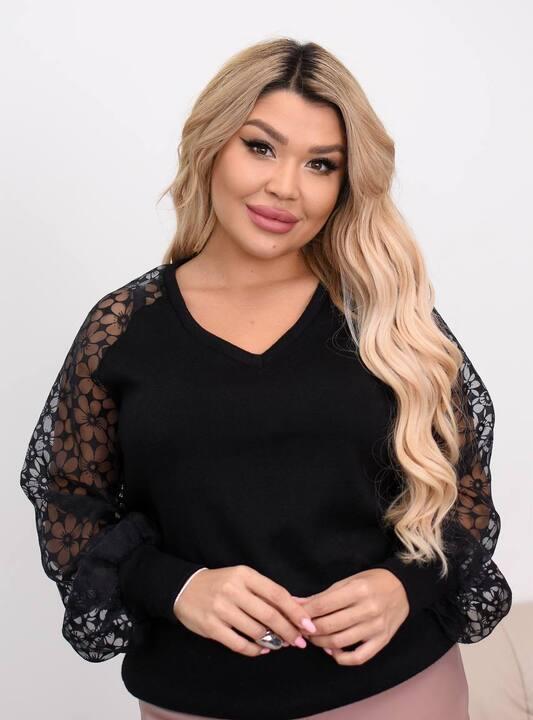 Джемпер женский из королевской ангоры с гипюровыми рукавами осенне-зимний