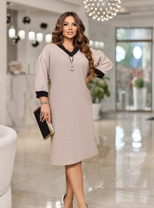Платье женское ангора-вязка прямого кроя с контрастными элементами осеннее зимнее