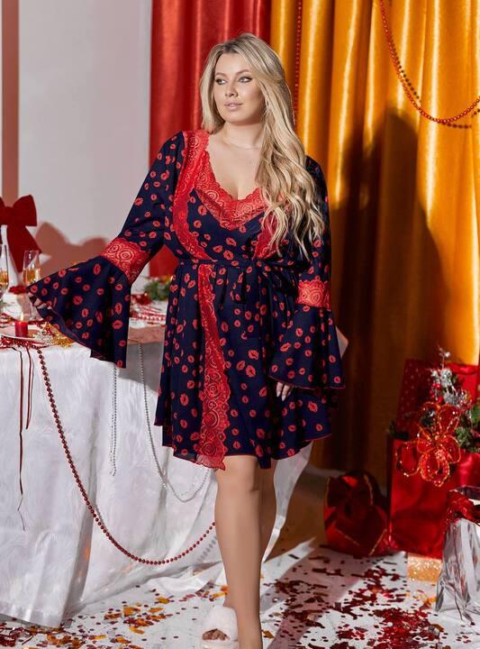 Домашний комплект женский шифоновый с кружевной сорочкой и халатом осенний зимний