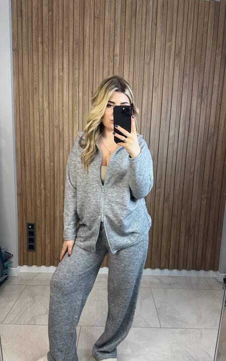 Костюм женский ангора двойка оверсайз тёплый с кофтой на змейке и широкими штанами осенний