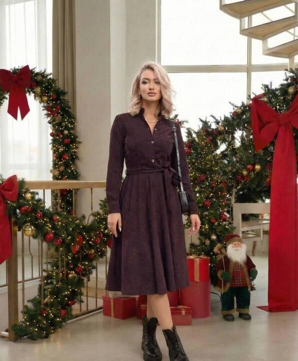 Платье женское миди из микровельвета с поясом осеннее зимнее