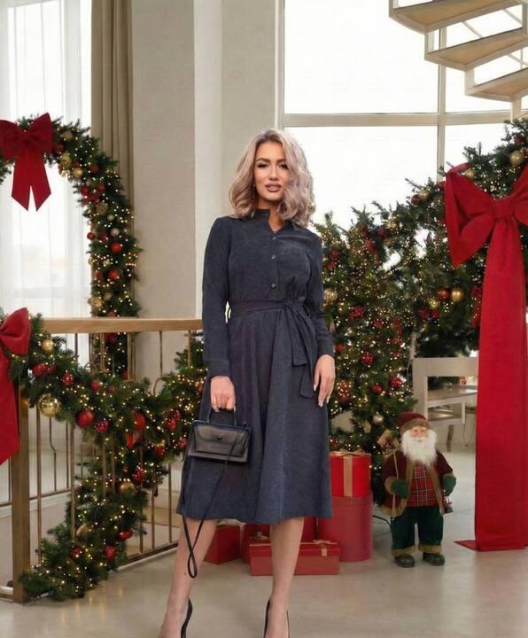 Платье женское миди из микровельвета с поясом осеннее зимнее