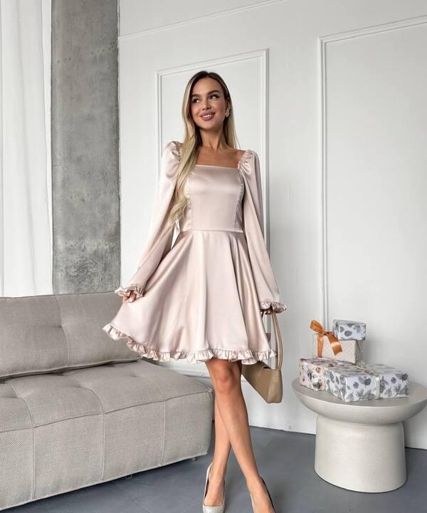 Платье женское мини из двойного шелка с квадратным вырезом осеннее зимнее