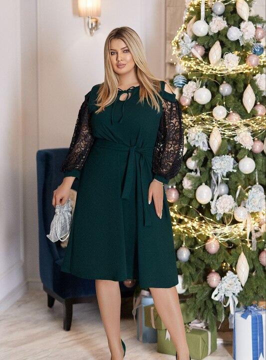 Платье вечернее женское из креп дайвинга с гипюровыми рукавами осенне-зимнее