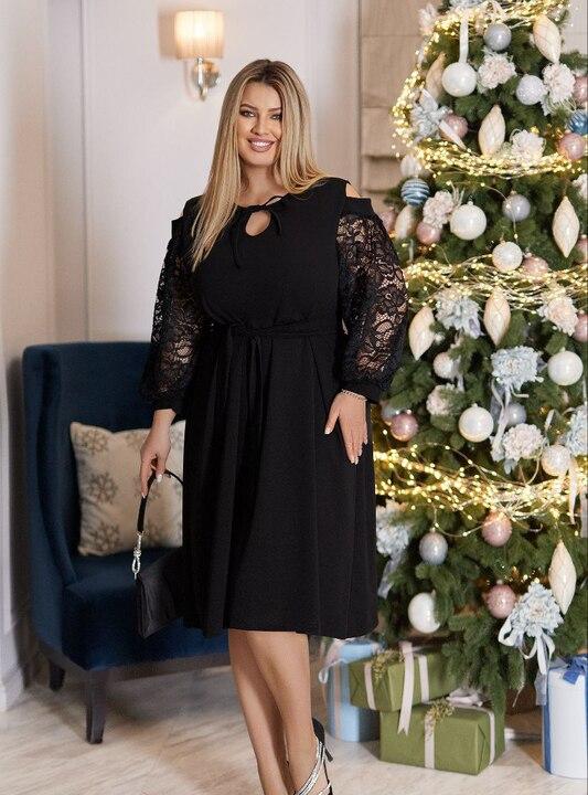 Платье вечернее женское из креп дайвинга с гипюровыми рукавами осенне-зимнее