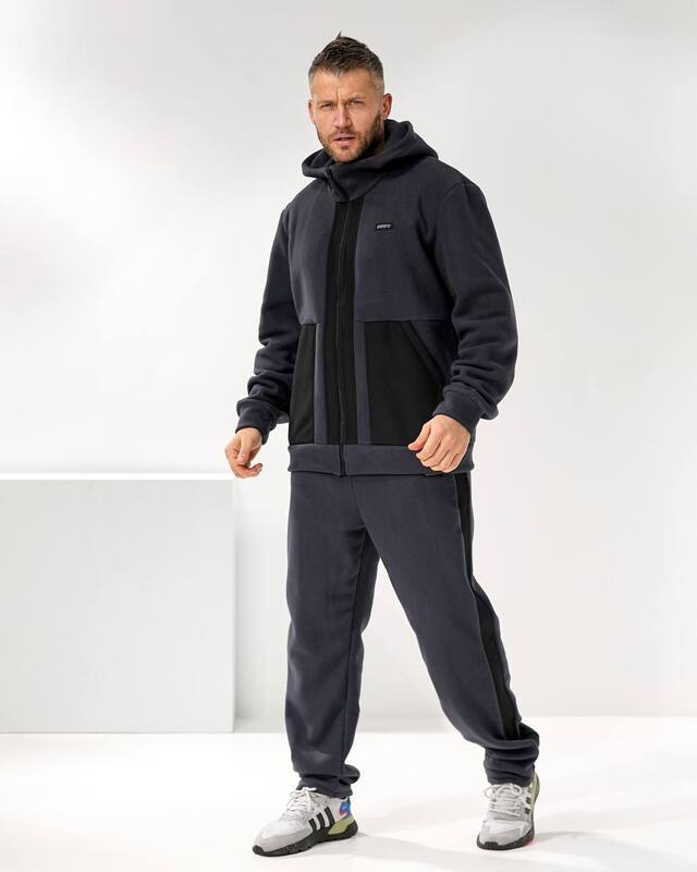 Спортивный костюм мужской утеплённый трикотажный: худи с капюшоном и брюки со вставками из плащевки осенний зимний k-126564 Спортивный костюм мужской утеплённый трикотажный: худи с капюшоном и брюки со вставками из плащевки осенний зимний k-126564
