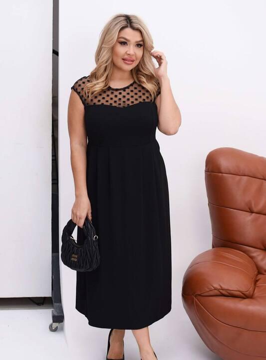 Платье-трапеция женское из креп дайвинга свободного кроя миди с кокеткой из сеточки в горох демисезонное