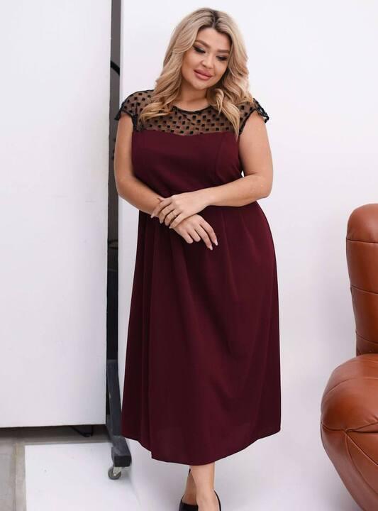 Платье-трапеция женское из креп дайвинга свободного кроя миди с кокеткой из сеточки в горох демисезонное