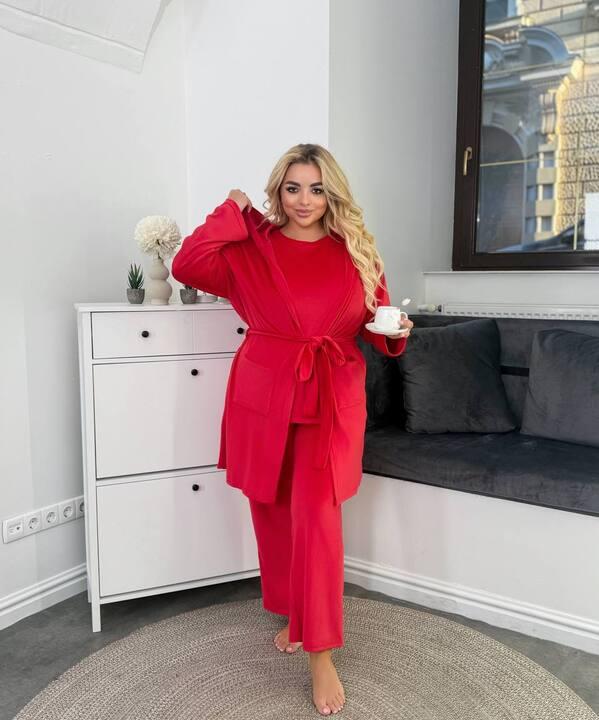 Домашний костюм женский велюровый пижамный тройка: кардиган с поясом кофточка и брюки зимний