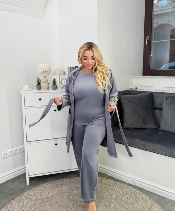 Домашний костюм женский велюровый пижамный тройка: кардиган с поясом кофточка и брюки зимний