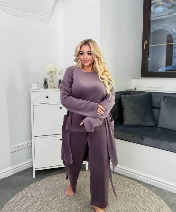 Домашний костюм женский из велюра спорт тройка: лонгслив, брюки и халат с поясом повседневный зимний