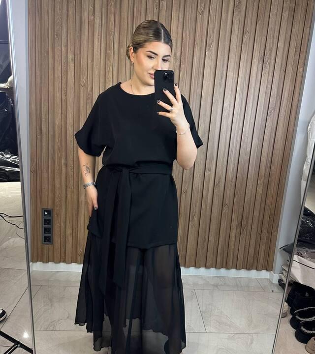 Костюм женский из костюмной ткани и шифона двойка платье с поясом и юбка миди повседневный летний