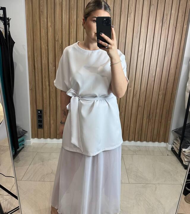 Костюм женский из костюмной ткани и шифона двойка платье с поясом и юбка миди повседневный летний