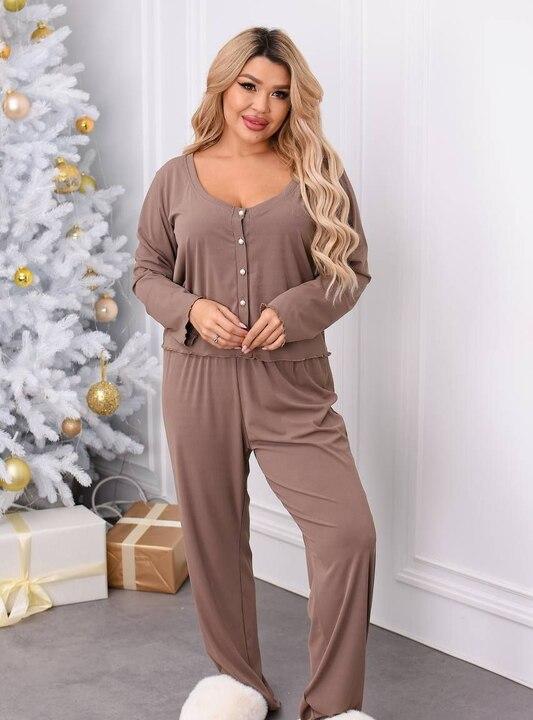 Домашний комплект женский из бельевого трикотажа Люкс пижамный кофта на пуговицах и штаны на резинке и шорты-боксерки с длинным рукавом