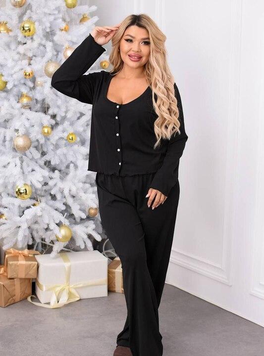 Домашний комплект женский из бельевого трикотажа Люкс пижамный кофта на пуговицах и штаны на резинке и шорты-боксерки с длинным рукавом