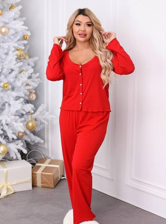 Домашний комплект женский из бельевого трикотажа Люкс пижамный кофта на пуговицах и штаны на резинке и шорты-боксерки с длинным рукавом