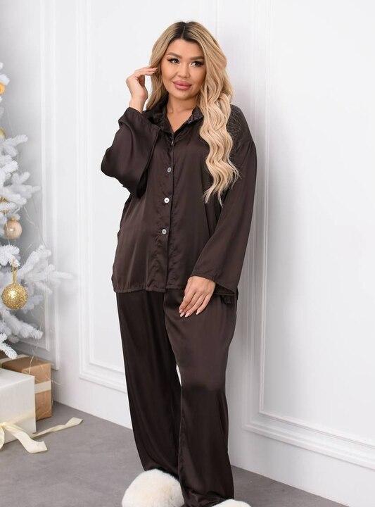 Домашний комплект женский из Армани шелка пижамный сорочка на пуговицах и прямые штаны на резинке с длинным рукавом